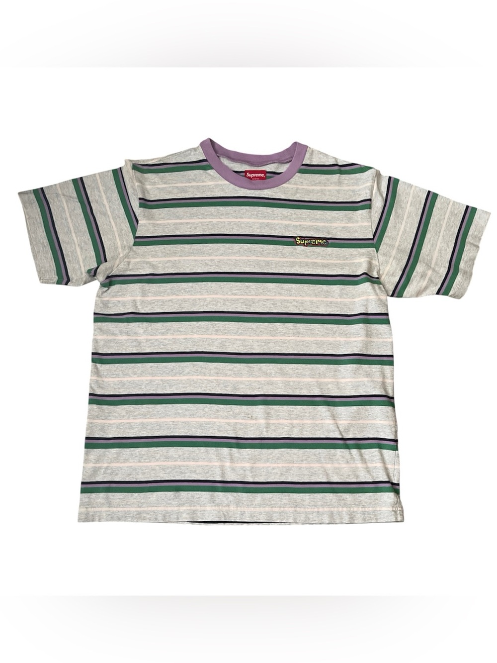 Supreme Men's Striped Short Sleeve
T-Shirt - Gray / Green / Purple